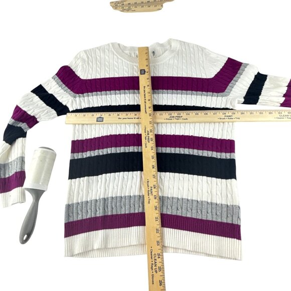 Women's Cable Knit Sweater Stripe Crewneck Long Sleeve Purple Gray Black White L - Picture 7 of 7